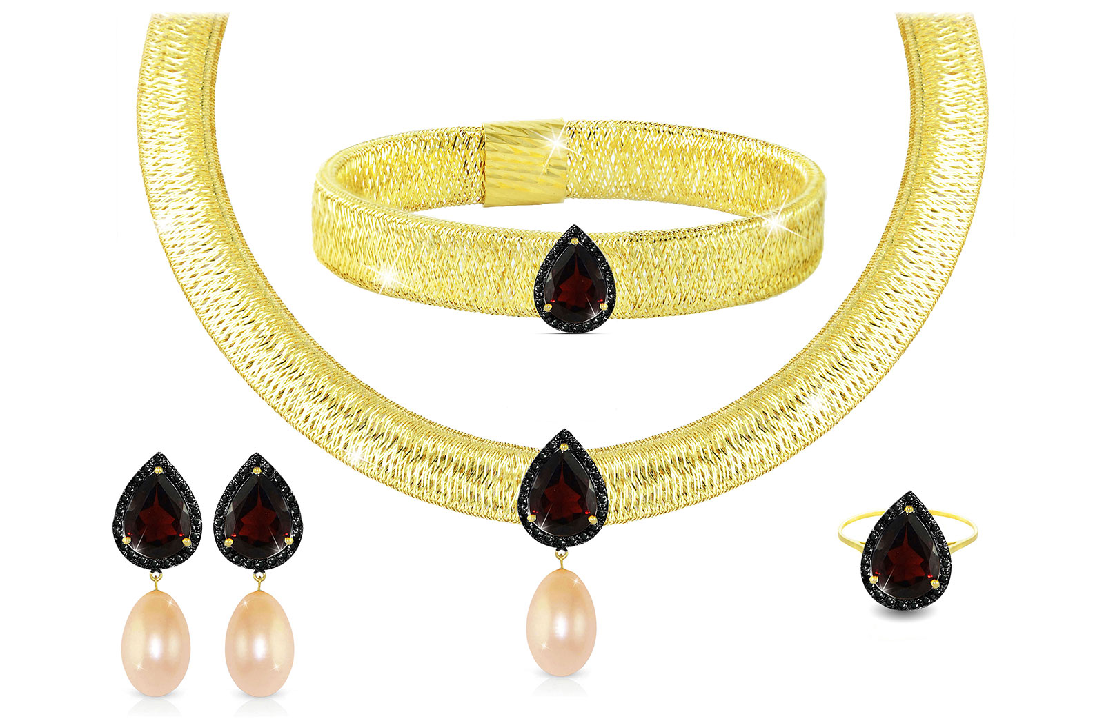 Vera Perla 18K Gold 0.60ct Black Diamonds, Garnet and 13mm Pink Pearl Jewelry Set - 4 pcs.